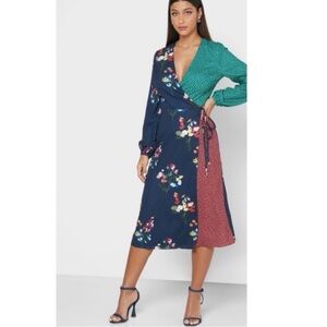 Ted Baker V-Neck Floral Wrap Dress with Mixed Patterns Sz US 6 Or Ted Sz 2